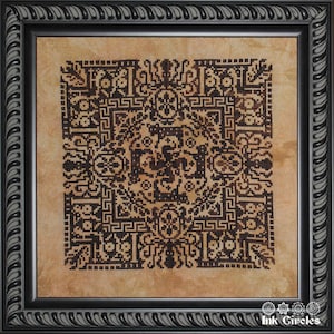 May include: A black and brown cross-stitch embroidery design with a geometric pattern framed in a black frame.