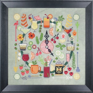 May include: A colorful cross-stitch pattern featuring a variety of cocktails and drinks, including margaritas, mojitos, and a Moscow mule. The pattern is surrounded by lemons, limes, cherries, and other fruits.