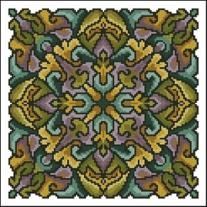 Op de afbeelding: Een vierkant kruissteekpatroon met een symmetrisch ontwerp in een mix van groen, paars en goud.