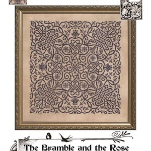 May include: A framed cross-stitch pattern with a black and white design of intricate circles and floral motifs. The title of the pattern is "Ink Circles" and the designer is "The Bramble and the Rose".