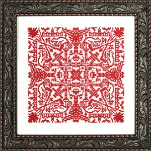 May include: A framed red cross-stitch pattern with a geometric design. The pattern is intricate and detailed, with a variety of shapes and symbols.
