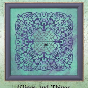 May include: A cross-stitch pattern for a Halloween-themed mandala featuring a spider web, skulls, and cats. The pattern is called "Ink Circles" and is the second of four Halloween-inspired mandalas. The pattern is from "Wings and Things".