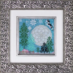 May include: A framed cross-stitch design featuring a black and white cow jumping over a large, white moon. The moon is surrounded by a blue sky with white snowflakes. There are green trees in the foreground and background.