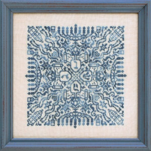 May include: A framed cross-stitch embroidery with a blue and white geometric pattern. The design features intricate details and a variety of shades of blue.
