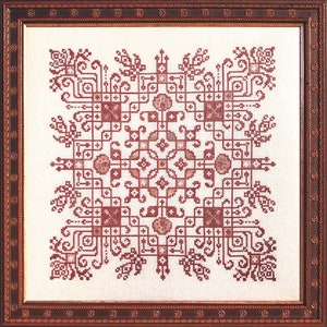 May include: A framed cross-stitch design featuring a complex geometric pattern in shades of red on a white background.