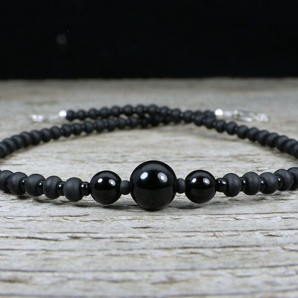 Black Onyx Anklet - Black Anklet for Women - Beaded Anklet - Sterling Silver Clasp