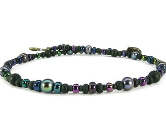 Black Iris Anklet - Thin Black Onyx, Freshwater Pearl and Beach Glass Ankle Bracelet - Anklet for Women