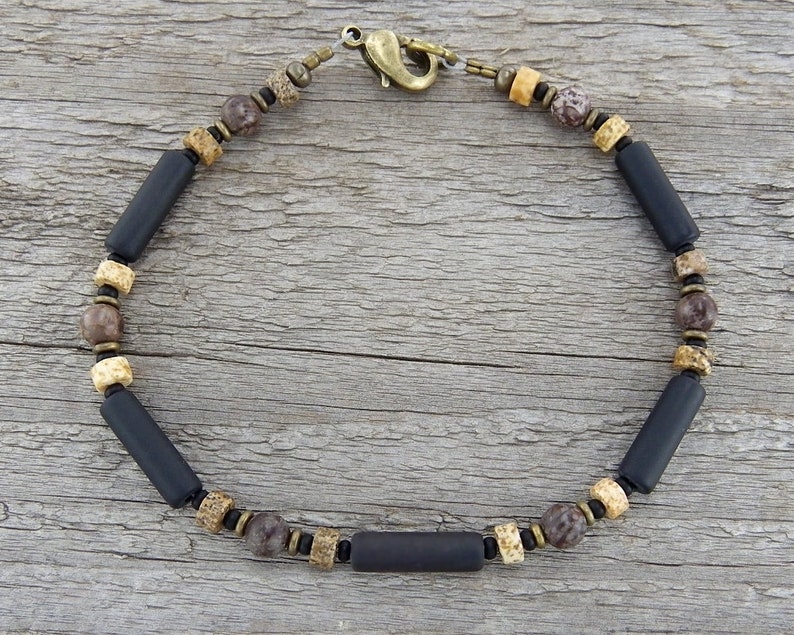 Mens Anklet or Unisex Black Anklet with Onyx and Jasper Surfer Anklet Beach Anklet Black Onyx Ankle Bracelet