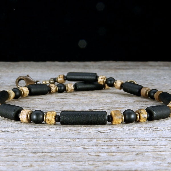 Mens Anklet - Surfer Ankle Bracelet - Unisex Black Anklet with Onyx, Jasper and 'Sea Glass' Tubes - Surfer Anklet - Beach Anklet