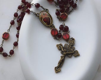 Handmade Bronze Sacred Heart of Jesus Rosary, Garnet Czech Glass Rosary, Antique Style Sacred Heart Rosary