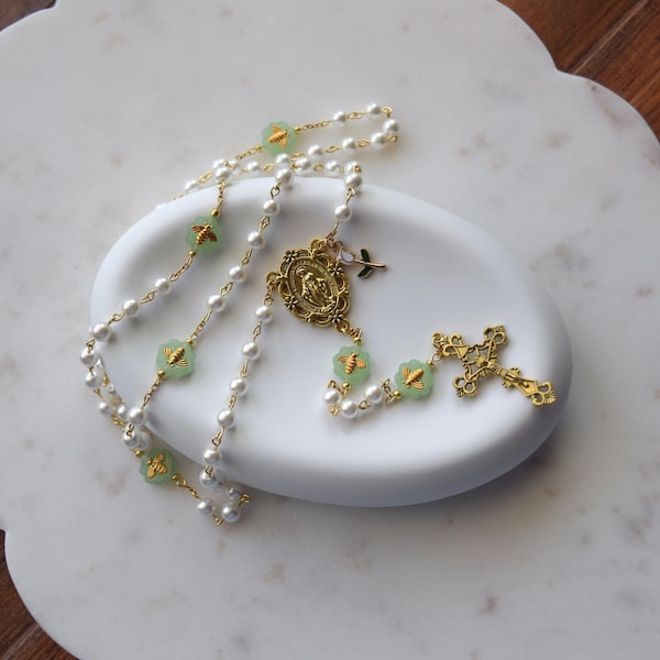 St. Rita Rosary, Handmade Miraculous Medal Rosary, Pearlescent Rosary