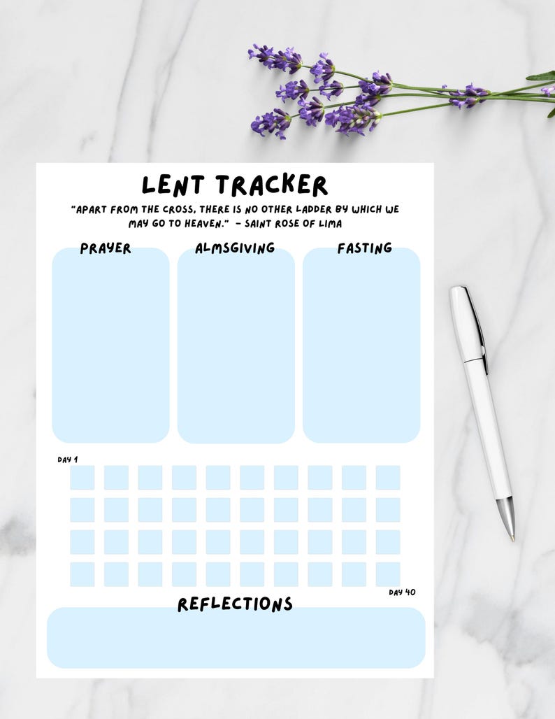 Catholic Lent Tracker - Lenten Prayer Fasting Almsgiving Chart - 40 Day ...