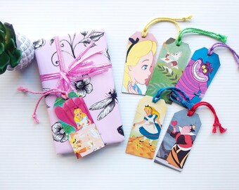 Conjunto de 6 etiquetas de regalo, ilustraciones de libros reciclados, imágenes de Alicia en el País de las Maravillas
