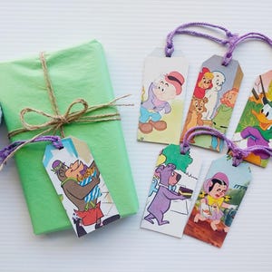 Set of 6 gift tags, upcycled book illustrations featuring cartoon characters