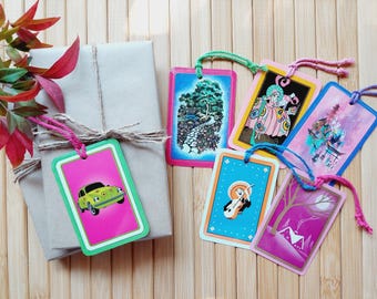Set of 6 gift tags, upcycled playing cards, mixed images