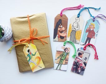 Conjunto de 6 etiquetas de regalo, ilustraciones de libros reciclados, imágenes masculinas.