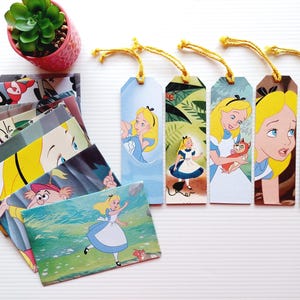 Bundle of 15 upcycled and handmade Alice in Wonderland envelopes and bookmarks