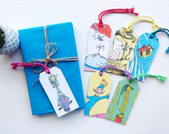 Conjunto de 6 etiquetas de regalo, ilustraciones de libros reciclados, imágenes de Seuss
