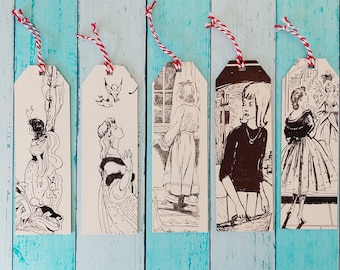 Set of 5 Bookmarks, vintage black and white women illustrations