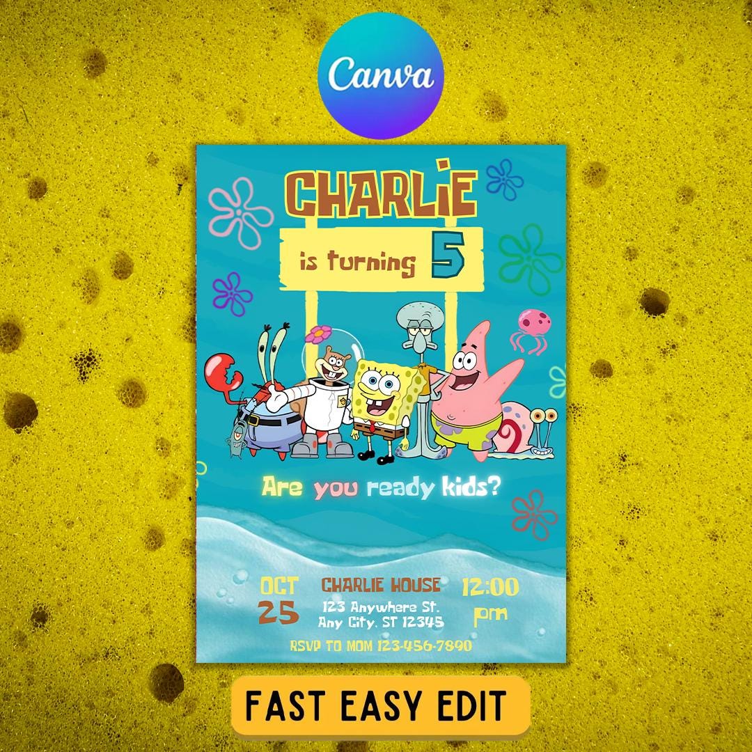 Editable Spongebob Birthday Party Invite Spongebob Kids Evite Template ...