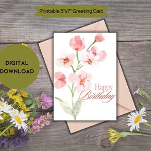 Cartão de Feliz Aniversário Elegante - Floral - Celebração - Download DIGITAL - Imprimir em Casa - Para Ela - Cores Suaves - Flor Bonita