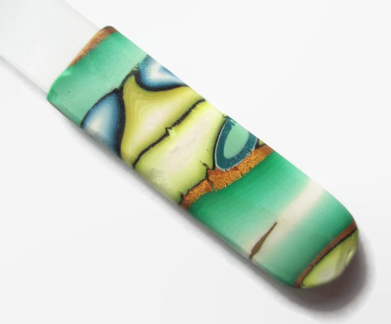 Czech Crystal Nail File Medium Glass Nailfile Green and Yellow with Copper Blue and Brown Accents gifts for her bridesmaid gifts