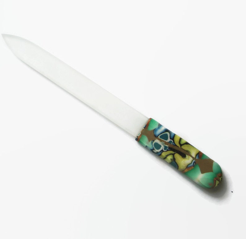 Czech Crystal Nail File Medium Glass Nailfile Green and Yellow with Copper Blue and Brown Accents gifts for her bridesmaid gifts
