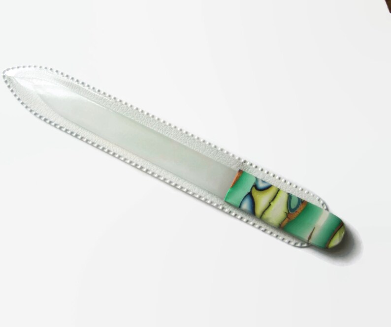 Czech Crystal Nail File Medium Glass Nailfile Green and Yellow with Copper Blue and Brown Accents gifts for her bridesmaid gifts
