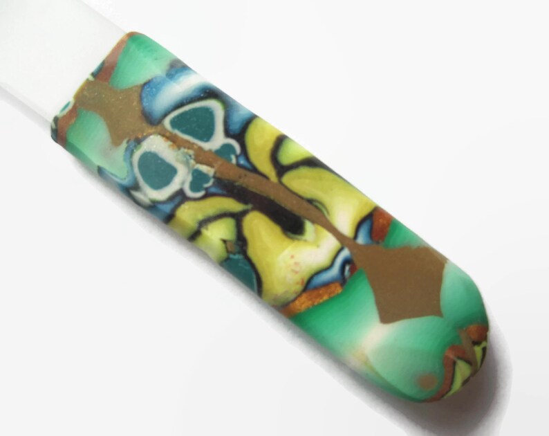 Czech Crystal Nail File Medium Glass Nailfile Green and Yellow with Copper Blue and Brown Accents gifts for her bridesmaid gifts