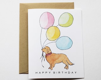 Birthday Card - Golden Retriever Birthday Balloons