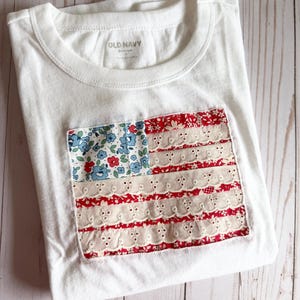 Patriotic Patchwork Flag Shirt, Reverse Applique American Flag Tee, Vintage Inspired Fourth of July Shirt, Handmade USA Tee
