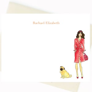 Personalized Stationery Red Trench Coat Lady and Dog Notecards Notecards, Personalized, Watercolor, Fashion Illustration image 4