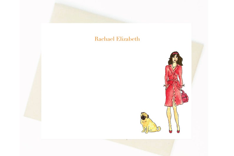 Personalized Stationery Red Trench Coat Lady and Dog Notecards Notecards, Personalized, Watercolor, Fashion Illustration image 4