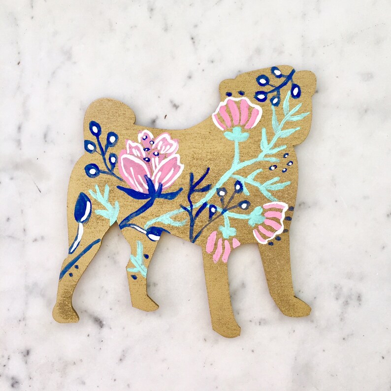 Gold Floral Pug Wooden Pug Silhouette