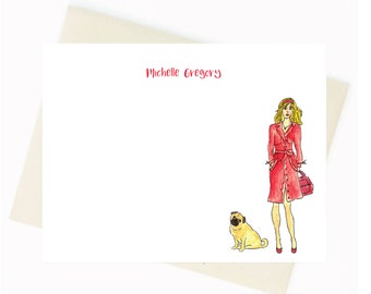 Personalized Stationery - Red Trench Coat Lady and Dog Notecards {Notecards, Personalized, Watercolor, Fashion Illustration}