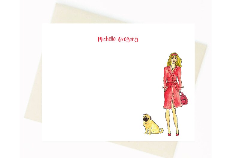 Personalized Stationery Red Trench Coat Lady and Dog Notecards Notecards, Personalized, Watercolor, Fashion Illustration image 1