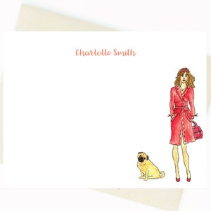 Personalized Stationery Red Trench Coat Lady and Dog Notecards Notecards, Personalized, Watercolor, Fashion Illustration image 2