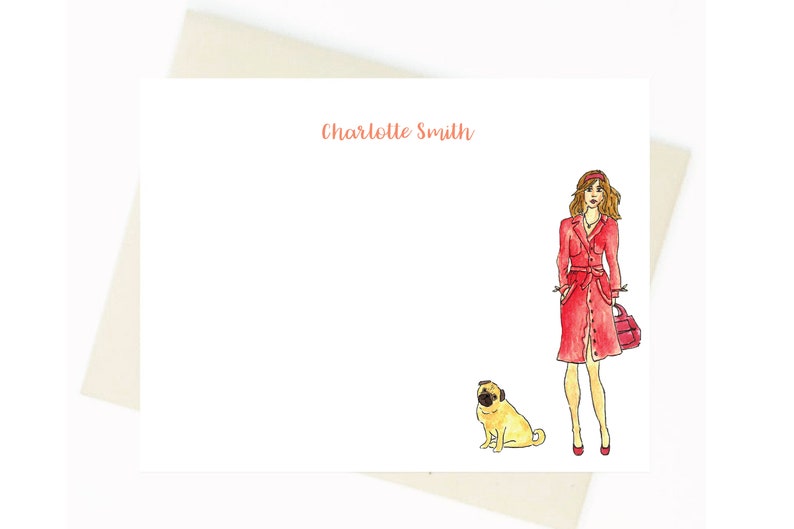 Personalized Stationery Red Trench Coat Lady and Dog Notecards Notecards, Personalized, Watercolor, Fashion Illustration image 2