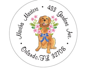 Golden Retriever Floral Blue Bow Address Labels