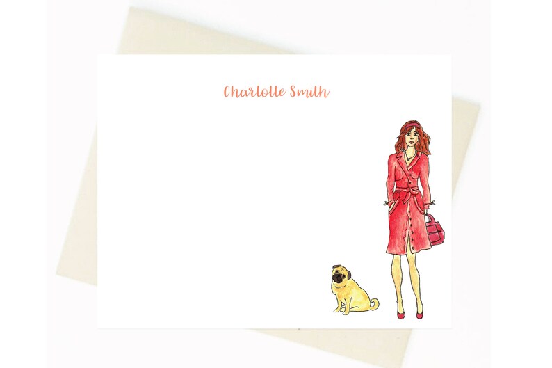 Personalized Stationery Red Trench Coat Lady and Dog Notecards Notecards, Personalized, Watercolor, Fashion Illustration image 3