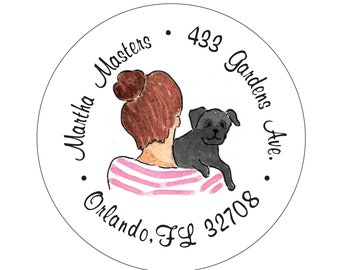 Lady with bun and Black Pug - Address Labels