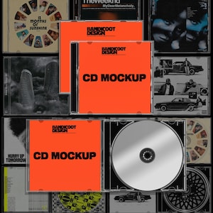 May include: A collection of CD jewel cases featuring a bright orange cover with the black text Bandicoot Design and CD Mockup. One case is open, revealing a silver reflective disc inside, while other various music album covers are visible in the background.
