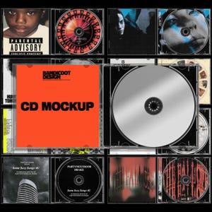 May include: A CD mockup featuring a bright orange square cover with the black text Bandicoot Design and CD Mockup, positioned next to an open clear plastic jewel case containing a silver metallic disc, surrounded by various other CD album art.