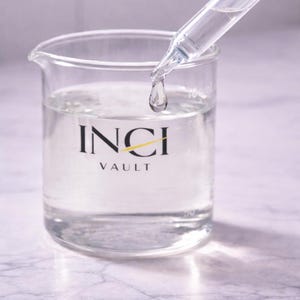 Op de afbeelding: Een heldere glazen beker met de tekst "INCI VAULT" op de voorkant. Een heldere vloeistof vult de beker en een glazen druppelaar geeft een enkele druppel af. De beker heeft meetmarkeringen.