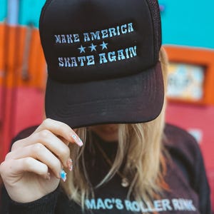 MAKE AMERICA SKATE Again Trucker Hat in Black/Navy/Sand | Unisex Perfect Gift For The Roller Skating or Skateboard Lover