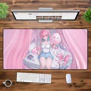 かわいいゲーマーガール XXL ゲーミングマウスパッド – パステルピンクのデスクマット – 拡張キーボードマット – かわいいアニメ美的マウスパッド – 居心地の良い部屋の装飾