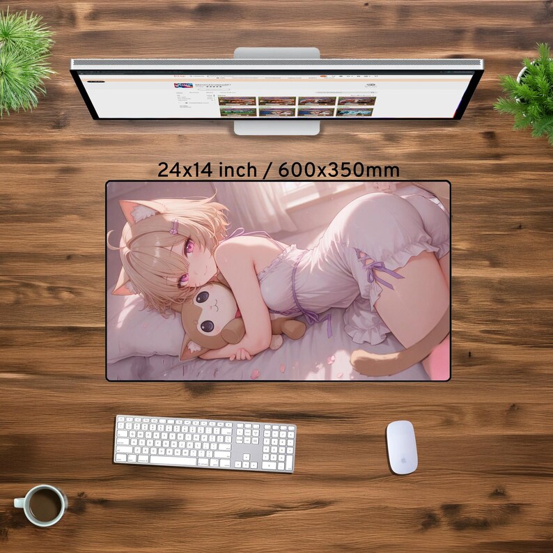 May include: A pink and white anime-style mouse mat featuring a young woman with pink hair and a white dress, holding a small, white and brown cat. The mouse mat is 24x14 inches or 600x350mm.