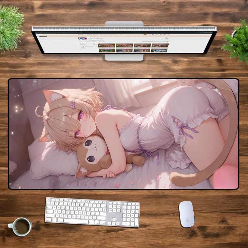 May include: An anime-style mouse mat featuring a girl with blonde hair and a cat tail, wearing a white dress and holding a small plush animal. The background is a soft pink and white.