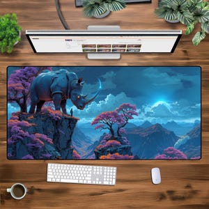 Cyber Rhino Fantasy XXL Desk Mat - Futuristic Nature Gaming Mouse Pad, Sci-Fi Landscape Keyboard Mat, Neon Jungle Setup, Large Decor