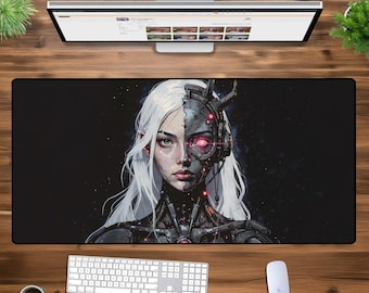 Podkładka pod mysz do gier Cyborg Girl XXL - Futurystyczny podkład na biurko Sci-Fi - Duża rozszerzona podkładka pod mysz do komputera i biura - Cyberpunk Gamer Desk Decor